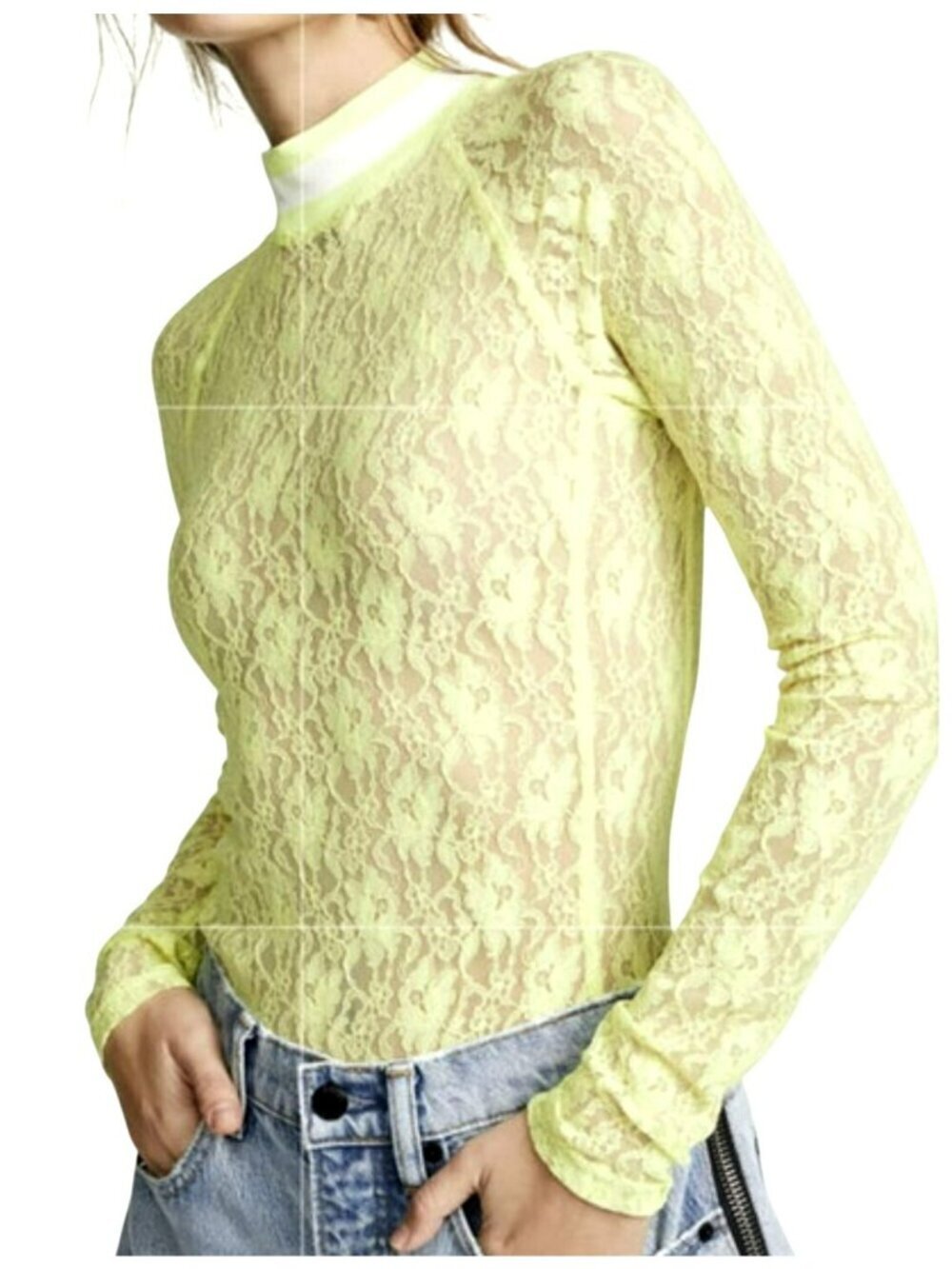 Alexander Wang Yellow Lace Long Sleeve Small Bodysuit Striped Neckline New